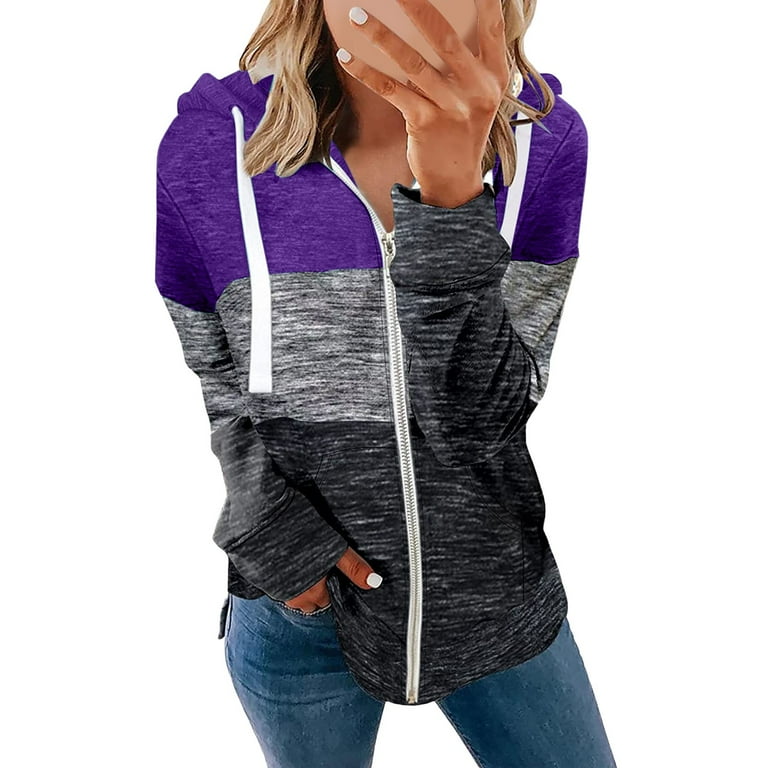 LBECLEY Lightweight Summer Cardigan Women Long Sleeve Zip Up Hoodie Jacket Print Stitching Color Sweatshirt Coat Cardigan Warm Sweaters for Women Purple S Walmart