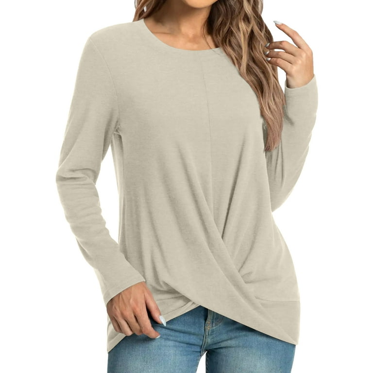 LBECLEY Loose Fit Womens Summer Shirts Womens Fall Winter Casual T Shirts  Long Sleeve Tops Front Twist Crewneck Blouse Long Sleeve Casual Blouse  Beige Xl 