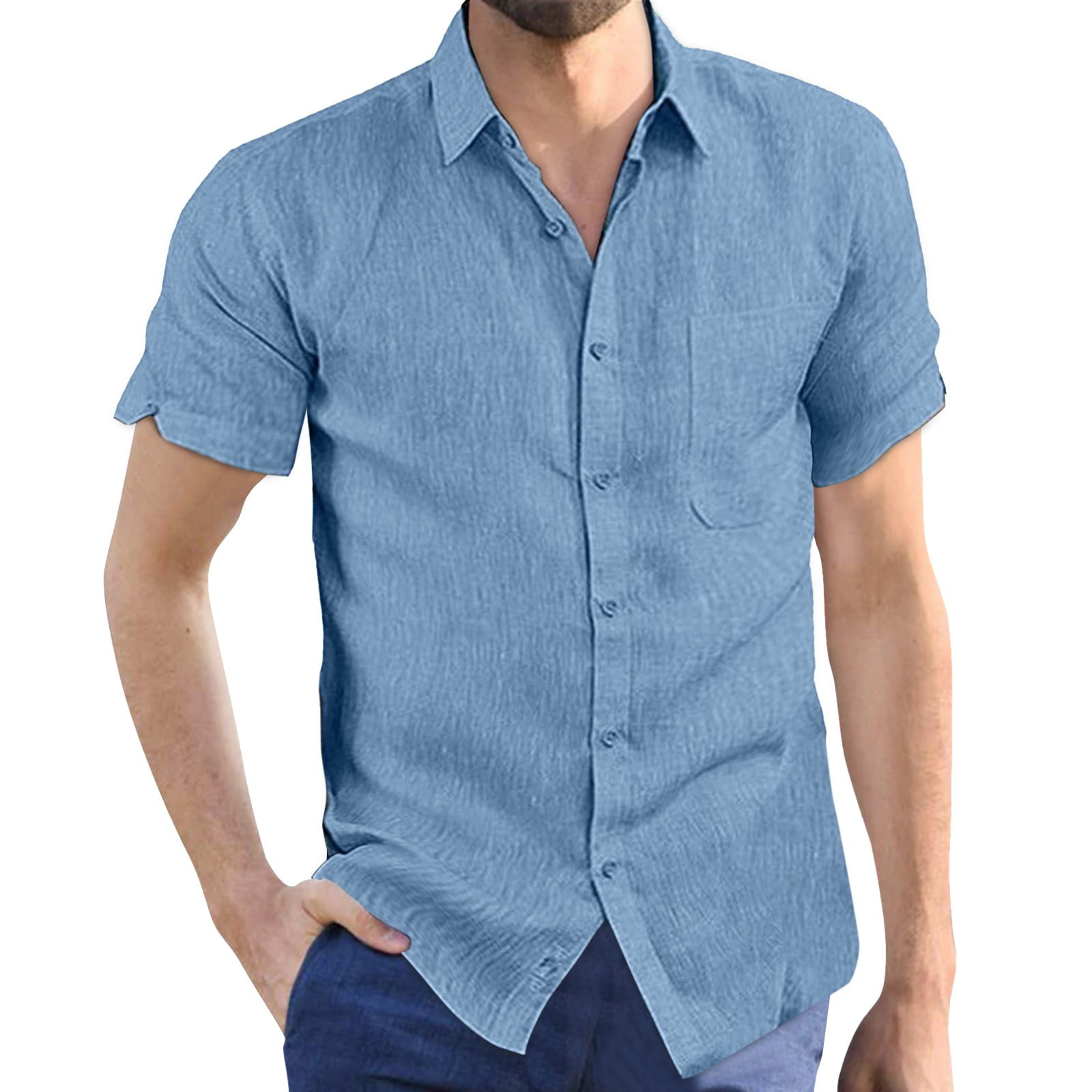LBECLEY Men Button Up Shirts Men's Loose Shirt Jacket Casual Solid  Short-Sleeved Cardigan Color Button Lapel Men's Blouse Mens Dress Shirts  Contrast