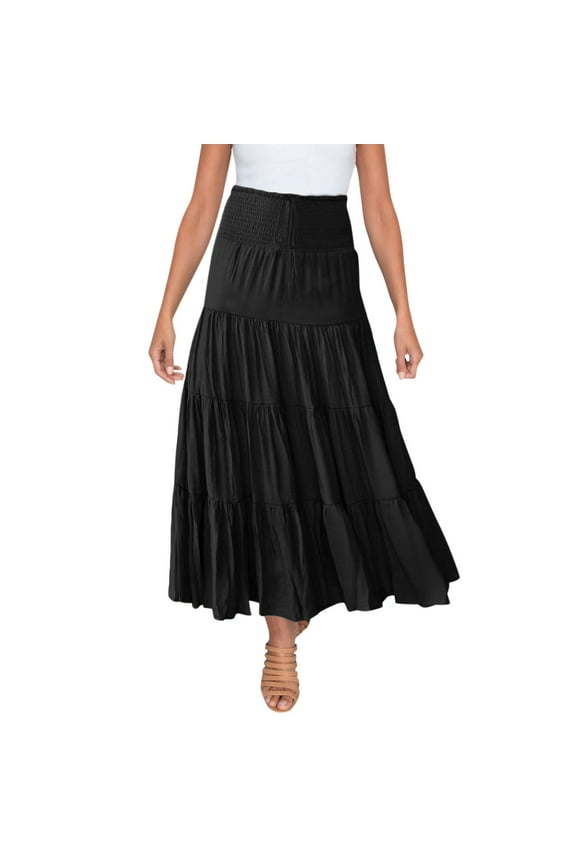 Plaid Skirt for Girls Women's Summer Elastic High Waist Boho Maxi Skirt Casual Drawstring A Line Long Skirt Suede Skirts for Women Plus Black Xl