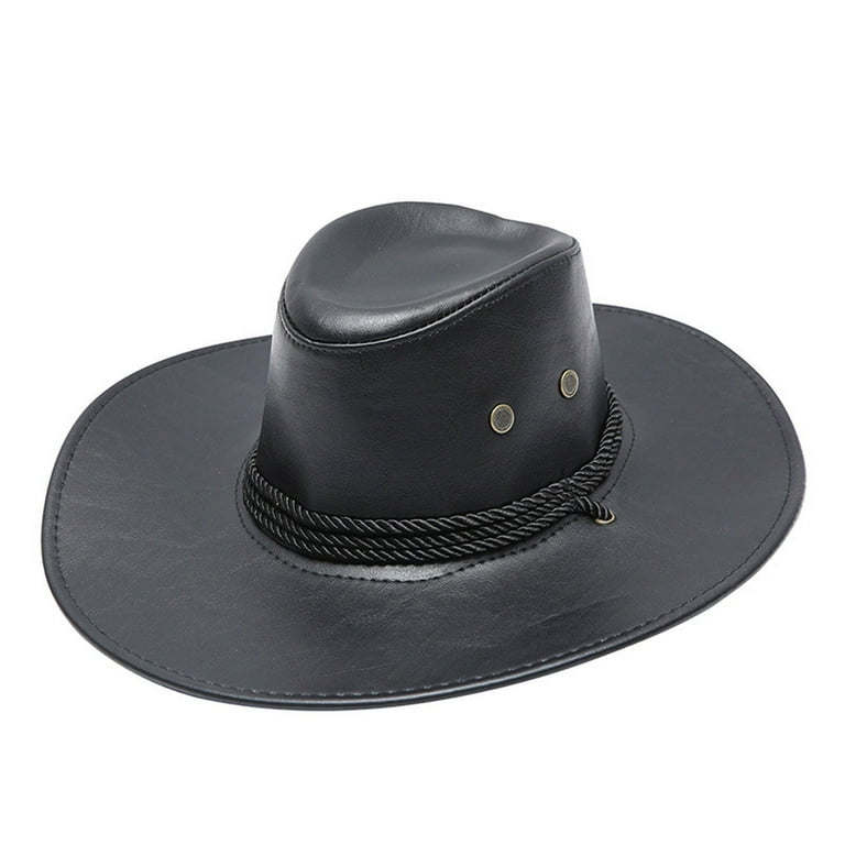 Lbecley Plain Cowboy Hats for Men Sun Solid Fashion Western Cowboy Hat Leather Windproof Hat Hot Fedora Hat for Men Mens Hats Black One size, Men's