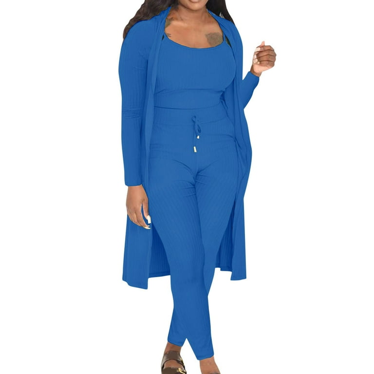 LBECLEY Plus Size Pant Suits for Wedding Guest Fall Winter Women Stretchy Wear 2022 Solid Color 3 Piece Pants Set Ladies Ribbed Casual Three Pcs Outfits Snow Pants Bib Petite Women Blue