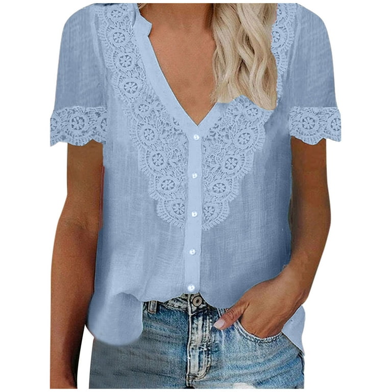 LBECLEY Ringer Tee Women's Solid V Neck Button Lace Stitched Short Sleeved  Shirt Top Solid Color Fashion Blouse Satin One Shoulder Top Polyester Blue  M 