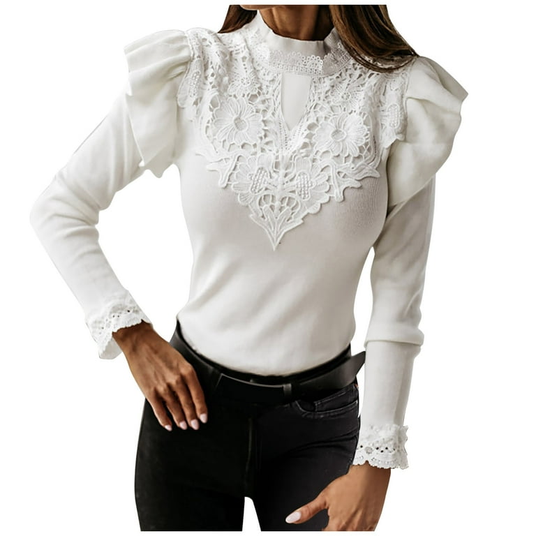 LBECLEY Shirts Women Running Women's Casual Long Sleeve Ruffle Top Ribbed  Knit Tee Shirt Slim Fit Frilled Solid Blouse Swim Guard White Xl
