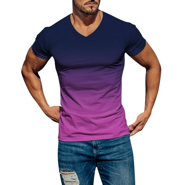 LBECLEY Shirts for Man Mens Spring Summer Casual Sports Comfortable Soft  Gradient Solid Color Slim Short Sleeve V Neck T Shirt Space Shirt Purple M