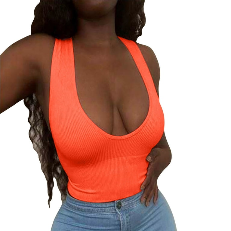 LBECLEY Spandex Crop Women's Slim Tank Top V Collar Sleeveless Solid Color  Top Shirt Stripe Fashion Vest Business Tops for Women Orange Xl