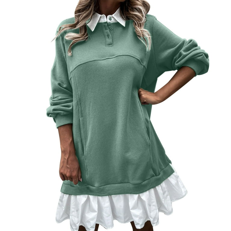 LBECLEY Sunday Dress for Women Ladies Colorblock Long Sleeve Dress Pocket Button Sweatshirt Fashion Dress Long Sleeve Dress Women Green Xxl