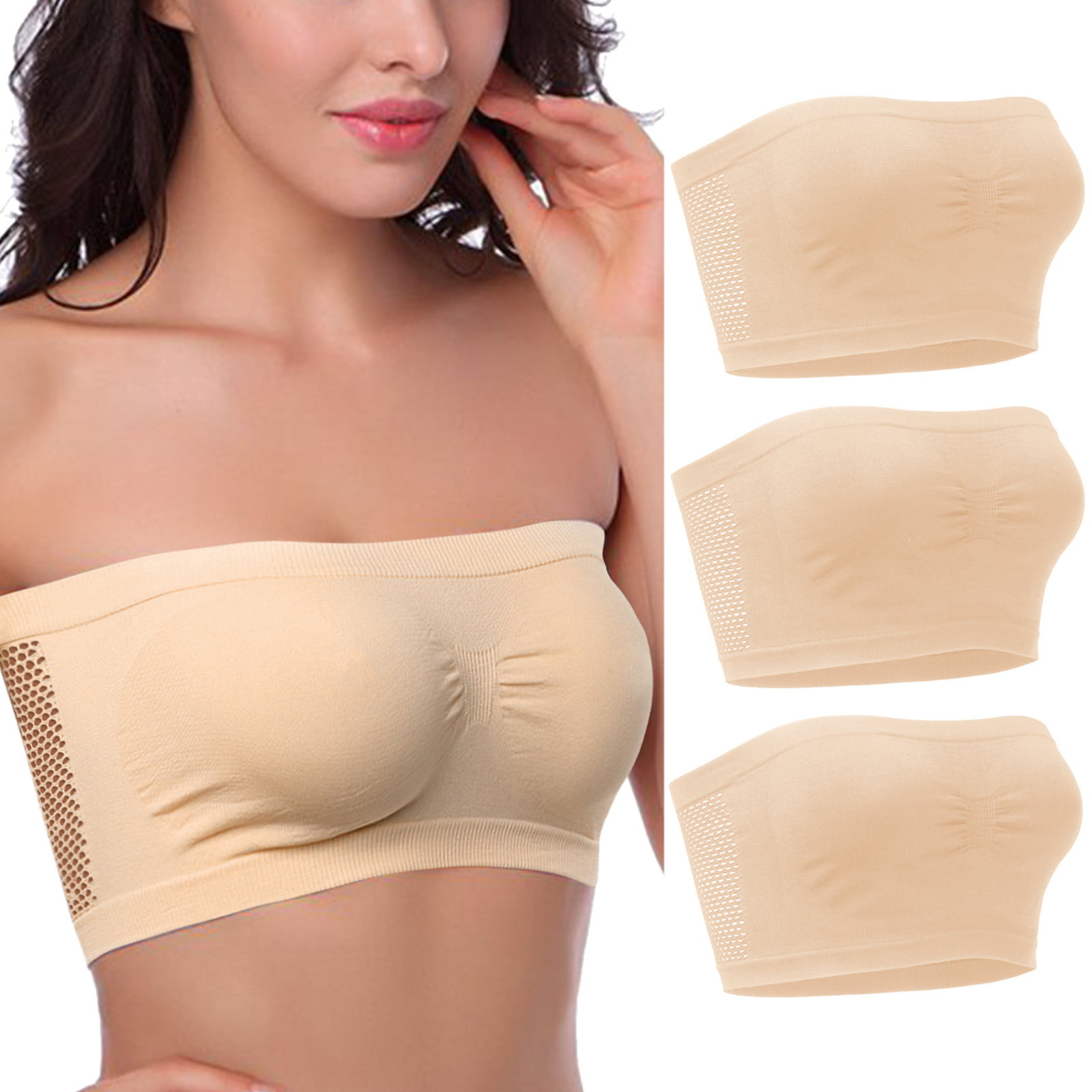 LBECLEY Tube Tops for Teen Girls 3 Pieces Womens Non Padded Bandeau Sprots Bra  Strapless Convertible Bralettes Basic Layer Top Bra Strapless Tube Tops for  Women Summer Khaki M 