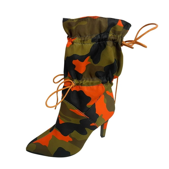 LBECLEY Women Boots No Heel Pointed Thin Fashion Camouflage Pattern Mid- Boots Women's High-Heel Women's Boots Womens Rain Boot Womens Boots Orange 38