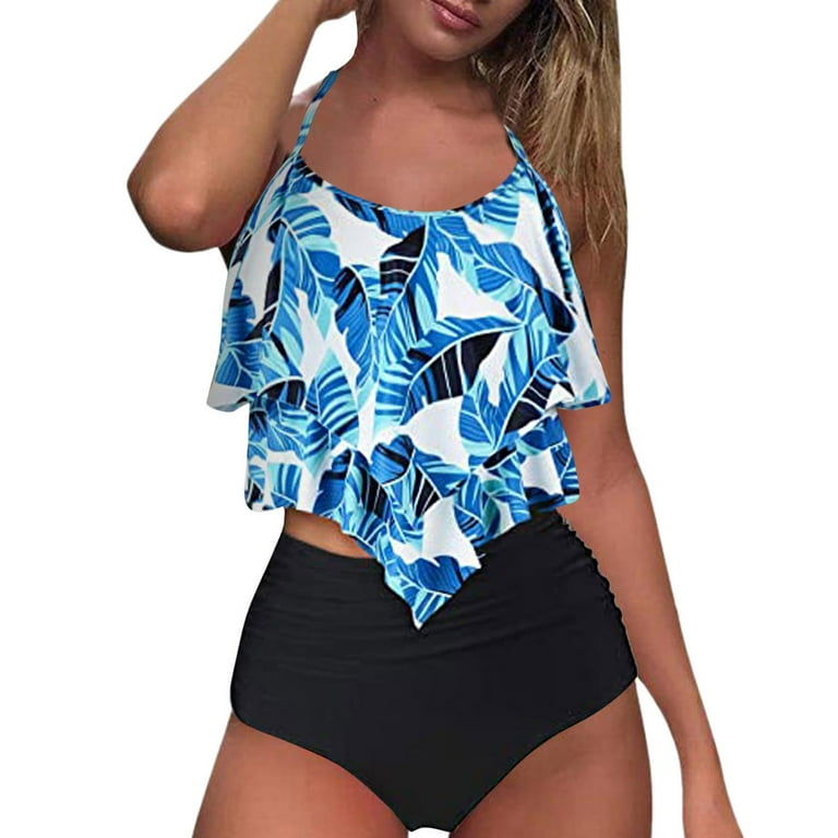 LBECLEY Womens Bathing Suit Cover Romper Bikini Ruffle Swimsuit Swimsuit  Tummy Piece Womens Swimsuit Waist Vest Floral High Swimwears Tankinis Set 3  Piece Swimsuits for Women Polyester Blue M 