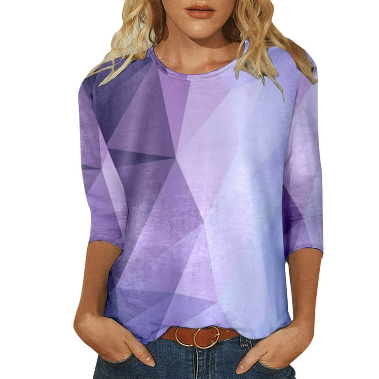 LBECLEY Womens Bulk Women Casual Round Neck Three Quarter Sleeve T Shirt  Top Colorful Gradient Geometric Print Tshirt Long Sleep Shirts Women Purple  Size S 