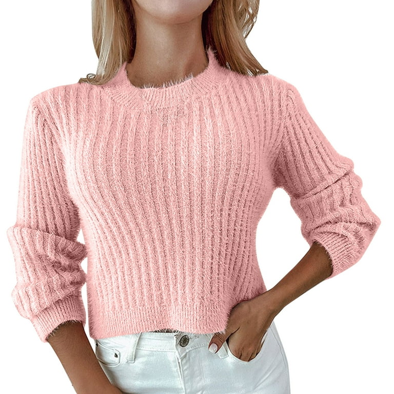 LBECLEY Womens Sweaters Fuzzy Women Sweatshirt Women's Casual Long Sleeve  Knitting Loose Thick Sweater Top Girl Pullover Sweater Sweaters for Women  Pink L 