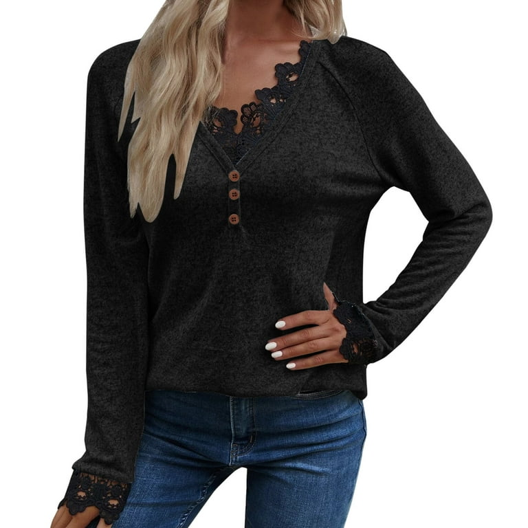 LBECLEY Womens T Shirt Women's Black Lace Autumn and Winter Slim Raglan  Sleeve V Neck Sweater T Shirt Womens Cotton Rayon T Shirts  Polyester,Spandex