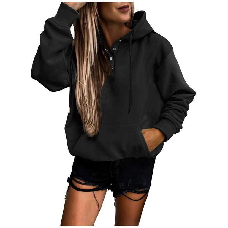 LBECLEY Womens Tops Baggy Hoodie Women Casual Solid Sweatshirt Pocket  Hooded Strap Long Sleeve Loose Top Quilt Pattern Jacket T Shirts for Women  Black Xl 