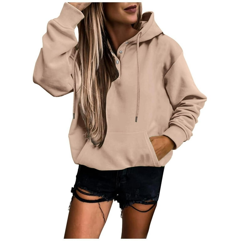 LBECLEY Womens Tops Baggy Hoodie Women Casual Solid Sweatshirt Pocket  Hooded Strap Long Sleeve Loose Top Quilt Pattern Jacket T Shirts for Women  Khaki