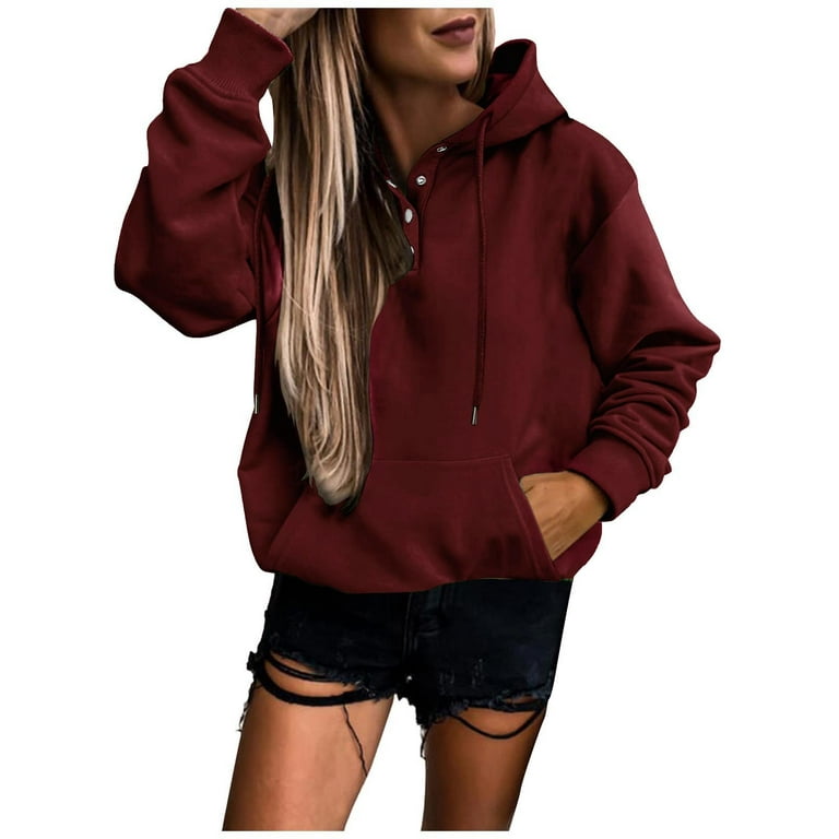 LBECLEY Womens Tops Baggy Hoodie Women Casual Solid Sweatshirt Pocket  Hooded Strap Long Sleeve Loose Top Quilt Pattern Jacket T Shirts for Women  Red Xl 