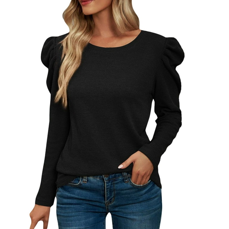 LBECLEY Womens Tops Women Shirt Polyester Spandex Women Fashion Stitched  Round Neck Puff Sleeve T Shirt Rayon Spandex Tops Women T Shirts for Women  Waffle Black S 