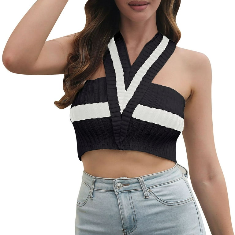 LBECLEY Womens Vest Top Women's V Neck Stripes Outside Wearing A Sweater  with A Super Short Neck Vest Cotton Summer Top Women Puffer Vest Women  Black S 