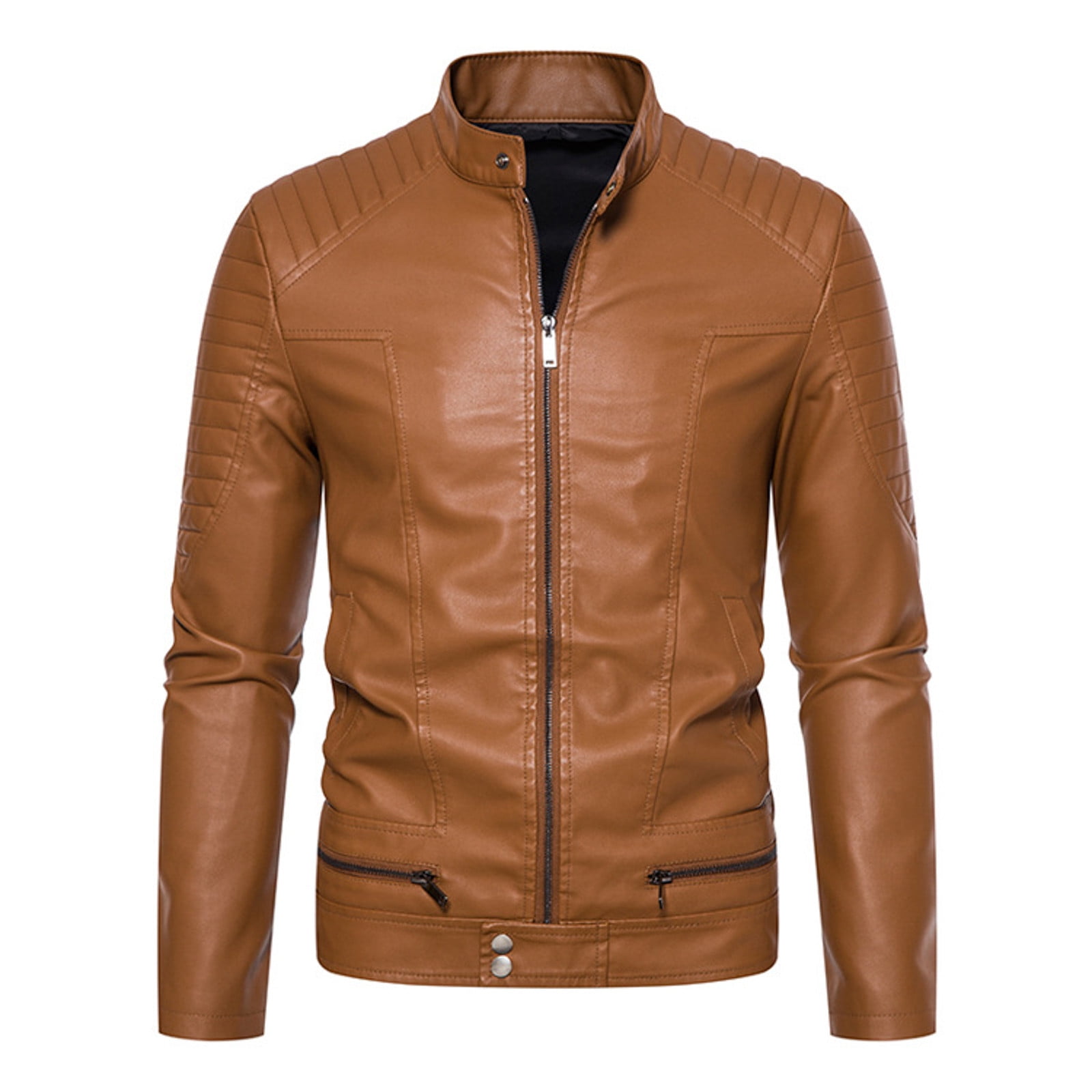 LBECLEY Wool Leather Jacket Mens Spring and Autumn Solid Color Zip