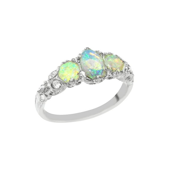 LBG 10K White Gold Natural Australian Opal Womens English Vintage Style Three Stone Ring - Size 5.75