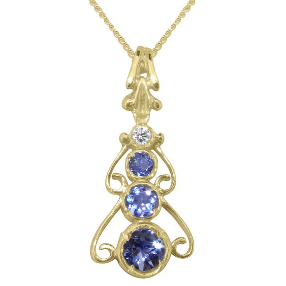 LBG 10k Gold Genuine Natural Tanzanite & Cubic Zirconia Womens Bohemian Pendant & Chain Necklace - Chain length 20