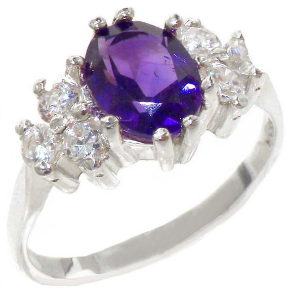 LBG 10k White Gold Cubic Zirconia and Real Genuine Amethyst Womens Cluster Engagement Ring - Size 6