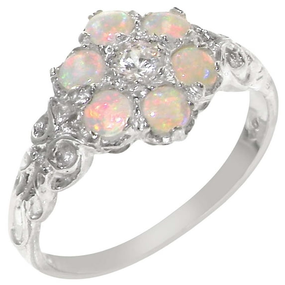 LBG 10k White Gold CubicZirconia & Opal Womens Vintage Daisy Ring - Size 11