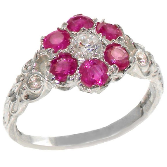 LBG 10k White Gold CubicZirconia & Ruby Womens Vintage Daisy Ring - Size 11.75