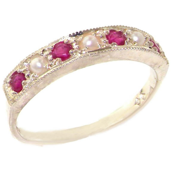 LBG 10k White Gold Cultured Pearl and Ruby Womens Band Ring - Sizes 4 to 12 Available
