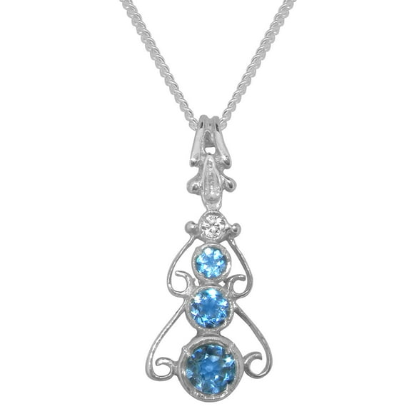 LBG 10k White Gold Genuine Natural Blue Topaz & Cubic Zirconia Womens Bohemian Pendant & Chain Necklace - Chain length 22