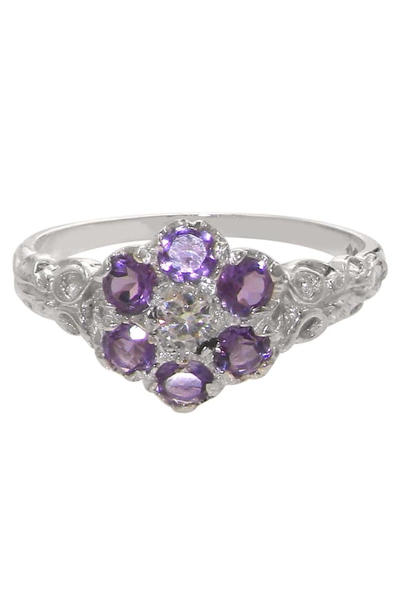 LBG 10k White Gold Natural Diamond & Amethyst Womens Vintage Daisy Ring - Sizes 4 to 12 Available