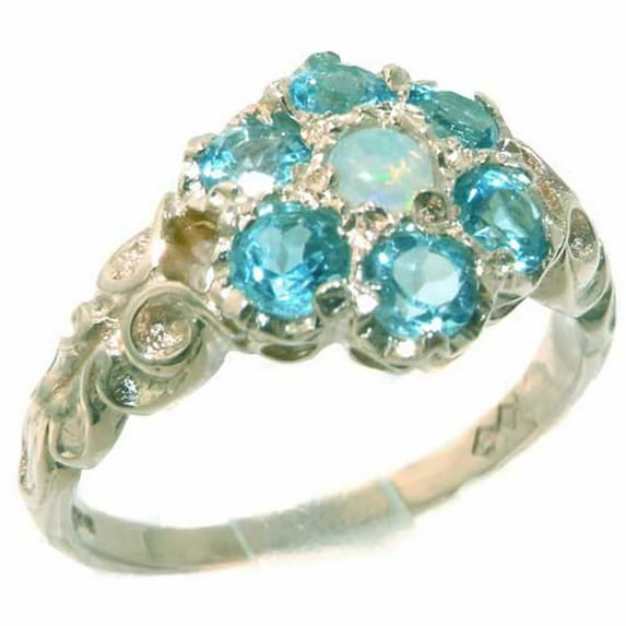 LBG 10k White Gold Natural Opal & Blue Topaz Vintage Anniversary Ring - Size 5.25