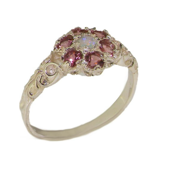 LBG 10k White Gold Natural Opal & Pink Tourmaline Womens Vintage Daisy Ring - Size 5.75