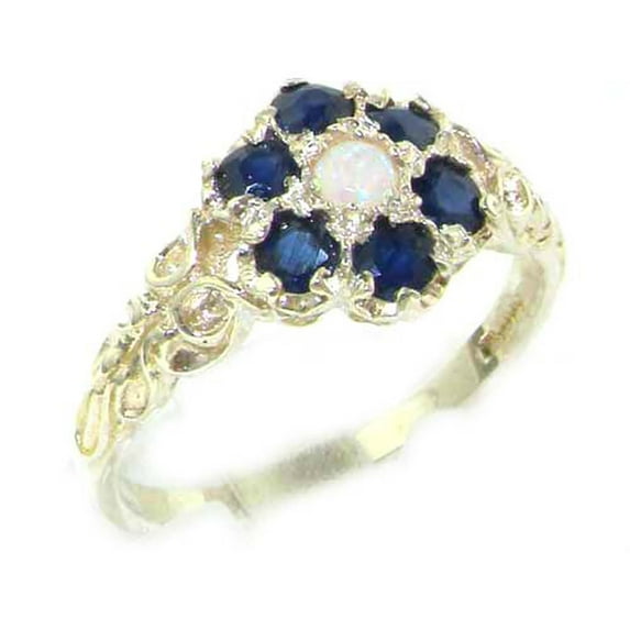 LBG 10k White Gold Natural Opal & Sapphire Womens Vintage Daisy Ring - Size 7.75