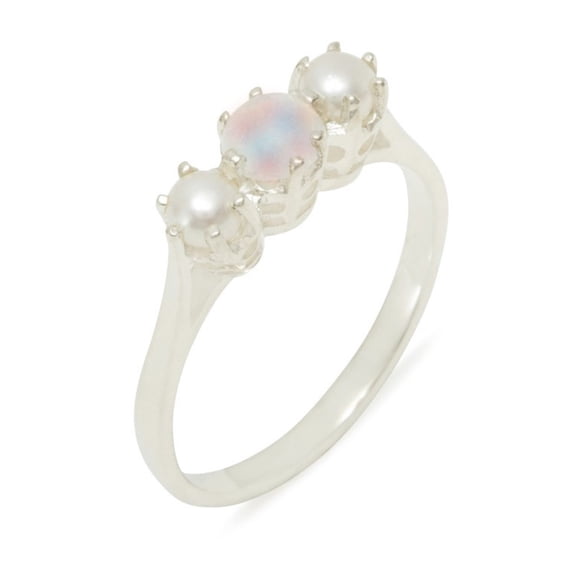 LBG 10k White Gold ring with Natural Opal & Cultured Pearl Womens Engagement Ring - Size 11