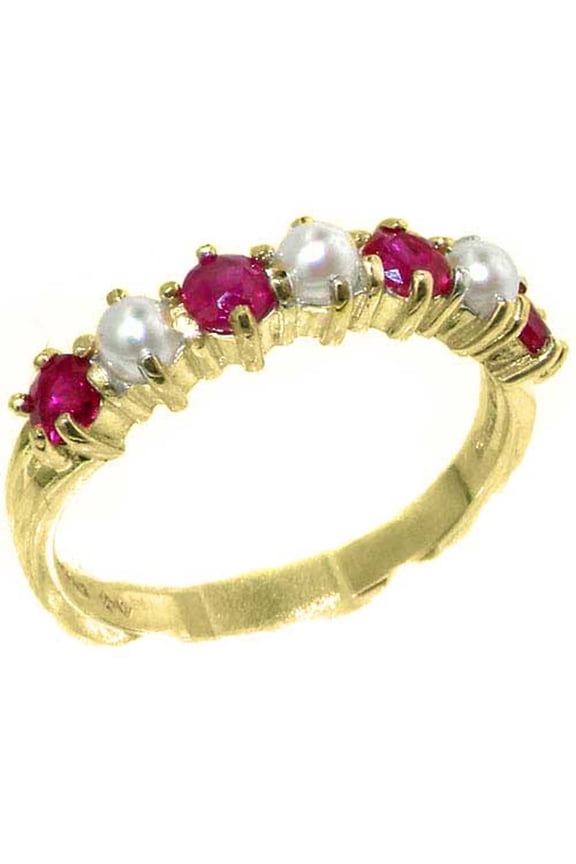 LBG 10k Yellow Gold Cultured Pearl & Ruby Womans Eternity Ring - Size 5.75