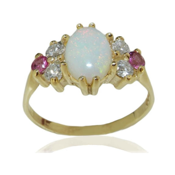 LBG 10k Yellow Gold Natural Opal, Pink Tourmaline & Simulated CZ Womens Anniversary Ring - Size 7.25