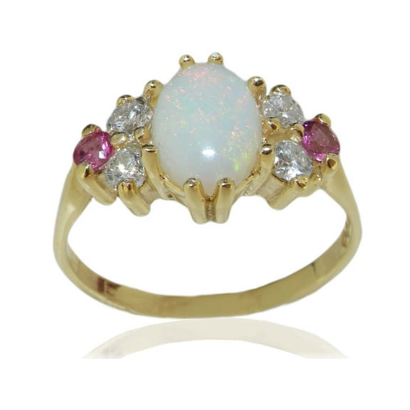LBG 10k Yellow Gold Natural Opal, Pink Tourmaline & Simulated CZ Womens Ring - Size 5.75