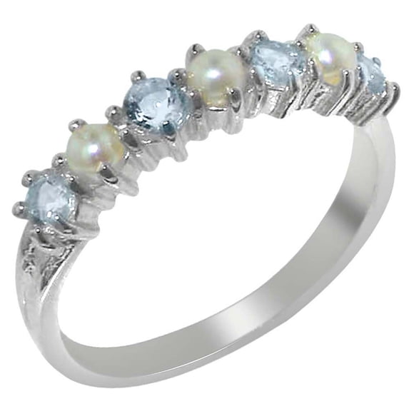LBG 14k White Gold Cultured Pearl & Aquamarine Womans Eternity Promise Ring - Size 7.5