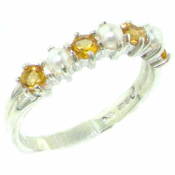 LBG 14k White Gold Cultured Pearl & Citrine Womans Eternity Ring - Size 7.75