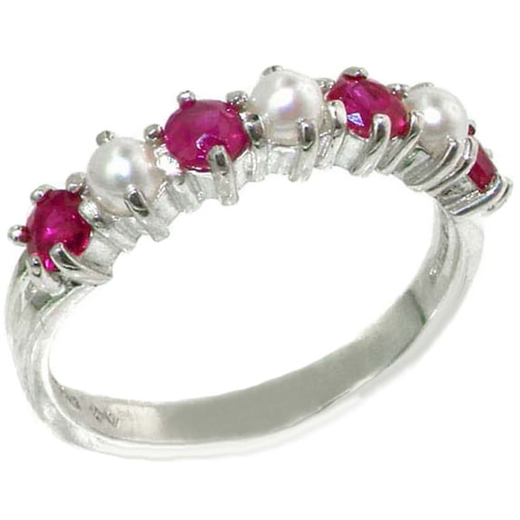 LBG 14k White Gold Cultured Pearl & Ruby Womans Eternity Ring - Size 6.75
