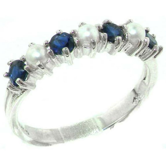 LBG 14k White Gold Cultured Pearl & Sapphire Womans Eternity Ring - Size 7