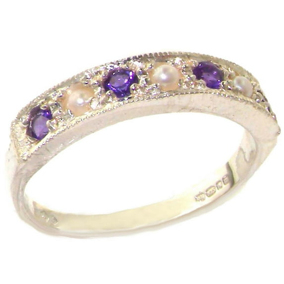 LBG 14k White Gold Cultured Pearl and Amethyst Womens Band Ring - Sizes 4 to 12 Available