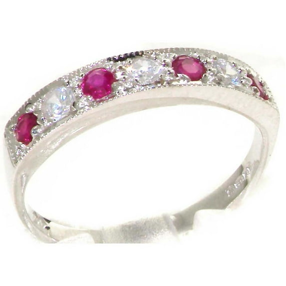 LBG 14k White Gold Natural Diamond and Ruby Womens Band Ring (0.18 cttw, H-I Color, I2-I3 Clarity)