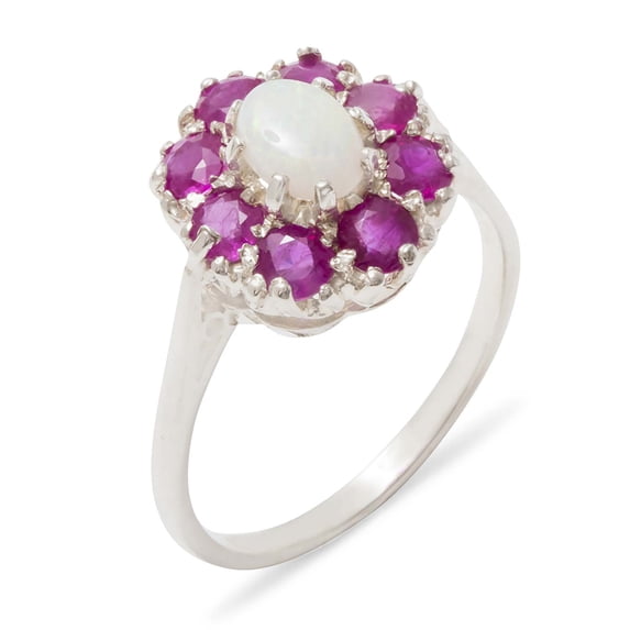 LBG 14k White Gold Natural Opal and Ruby Womens Promise Ring - Size 5.5