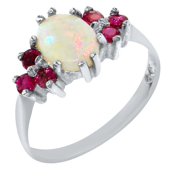 LBG 14k White Gold Natural Opal and Ruby Womens Promise Ring - Size 5.5