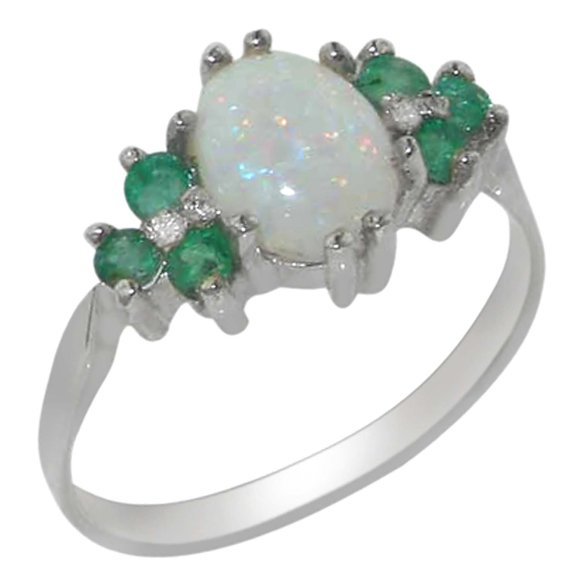 LBG 14k White Gold Real Genuine Opal and Emerald Womens Band Ring - Size 10