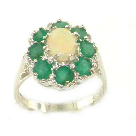 LBG 14k White Gold Real Genuine Opal and Emerald Womens Promise Ring - Size 9