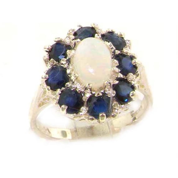 LBG 14k White Gold Real Genuine Opal and Sapphire Womens Cluster Engagement Ring - Size 6