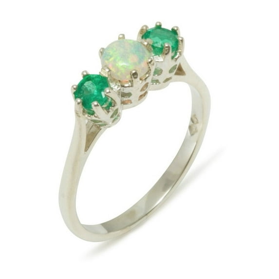 LBG 14k White Gold Womens Ring Natural Opal & Emerald Anniversary Ring - Size 7.5